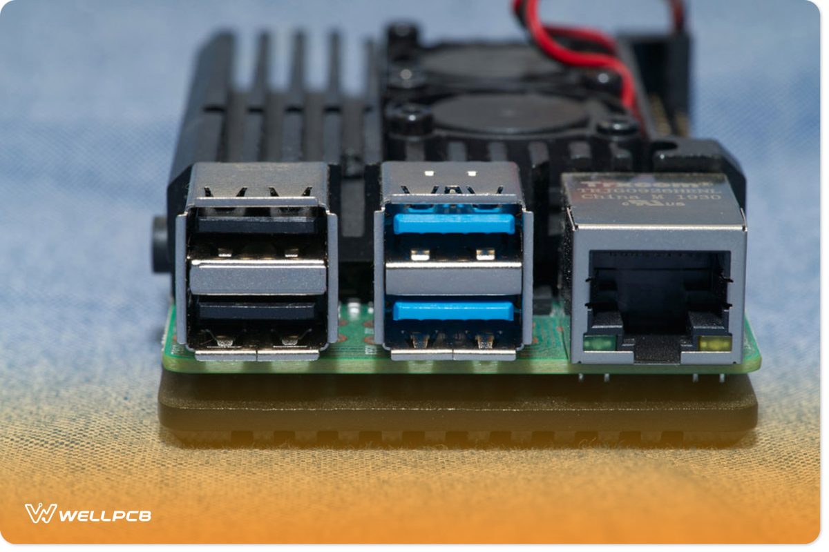 RJ45 and USB ports of Raspberry Pi 4 board