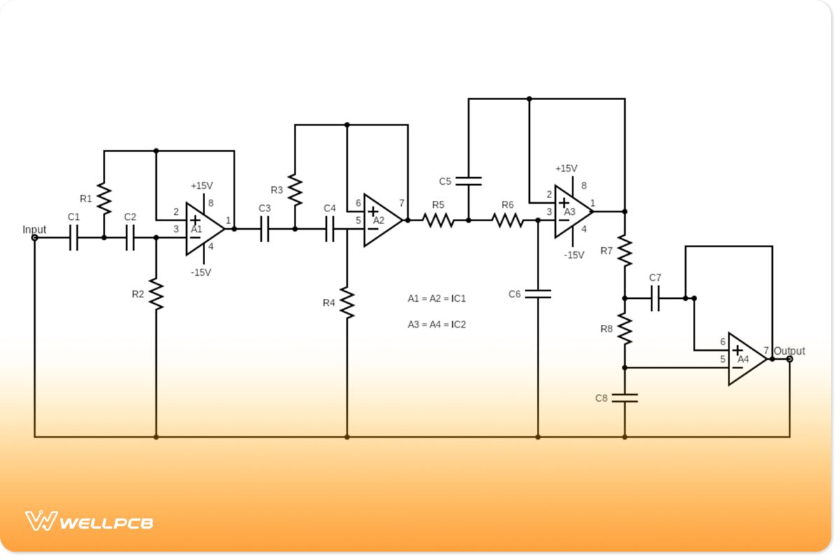 Schematic diagram of a simple audio noise filter