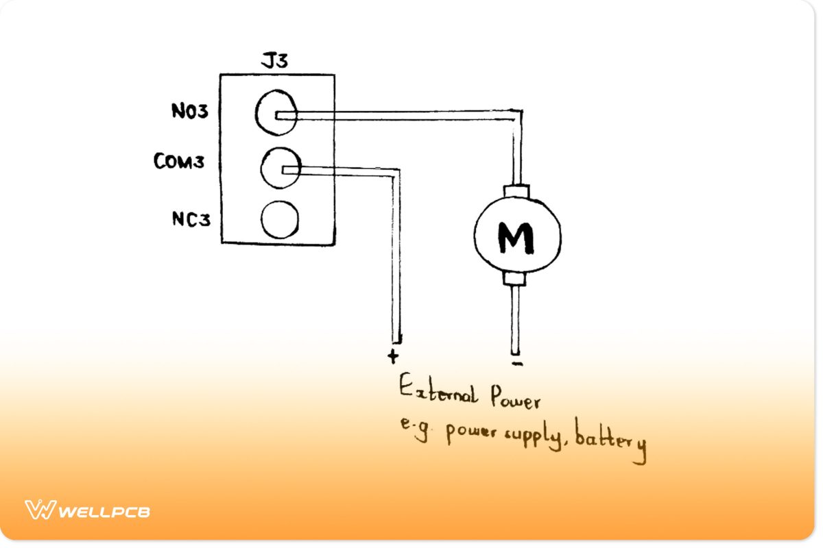 Schematic diagram showing a connection between a Relay Shield and a Motor 