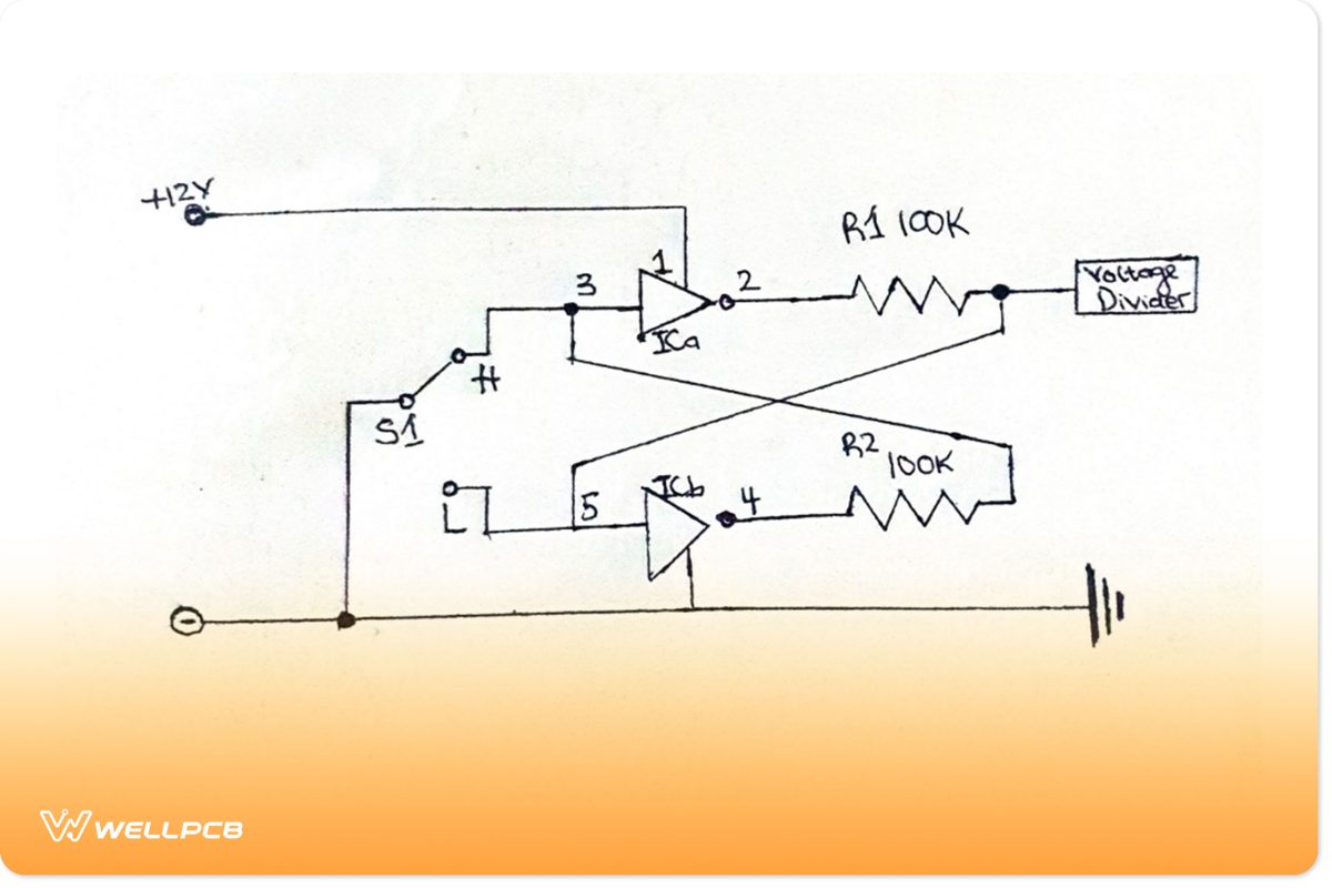 Schematics of a simple bounceless switch circuit using CD4049