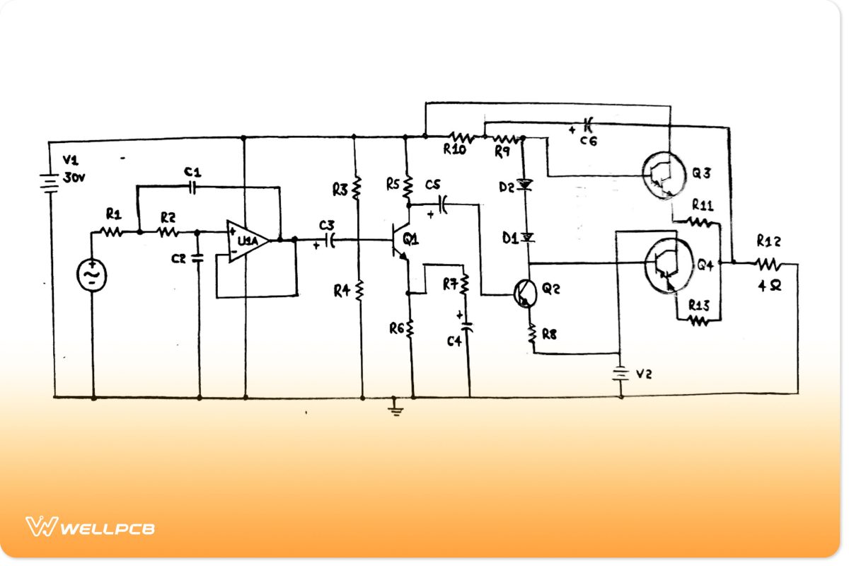 The Circuit diagram of a 100-watt subwoofer amplifier 