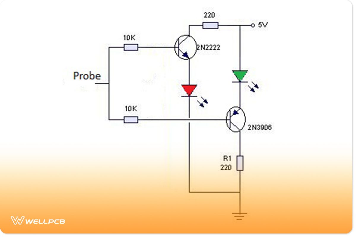 Very simple logic probe featuring a transistor