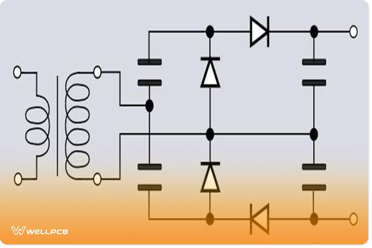 Voltage quadruple (note the four diodes and capacitors)