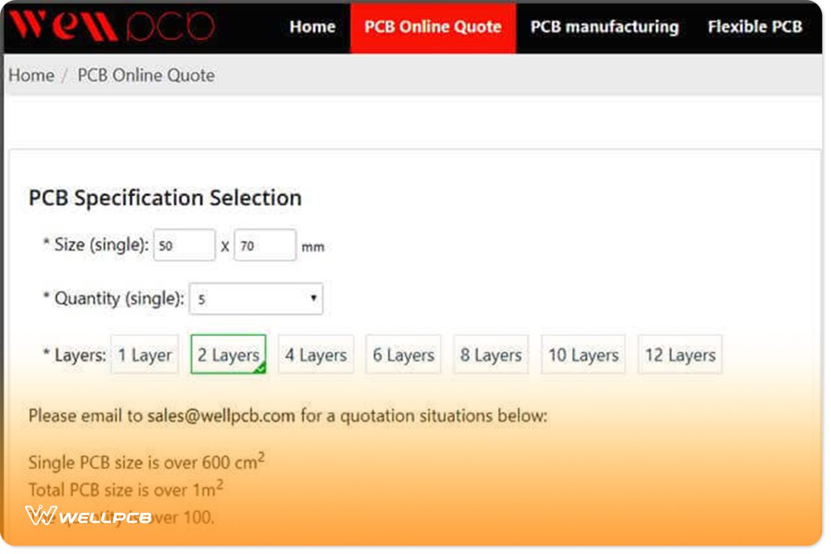 WellPCB PCB Online Quote Section