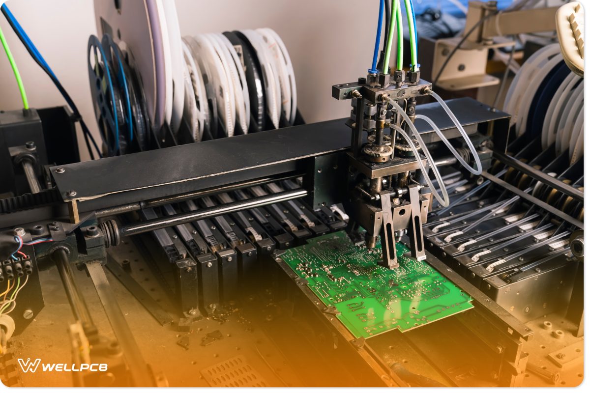 Working surface-mount device assembling electrical components on printed circuit board PCB.