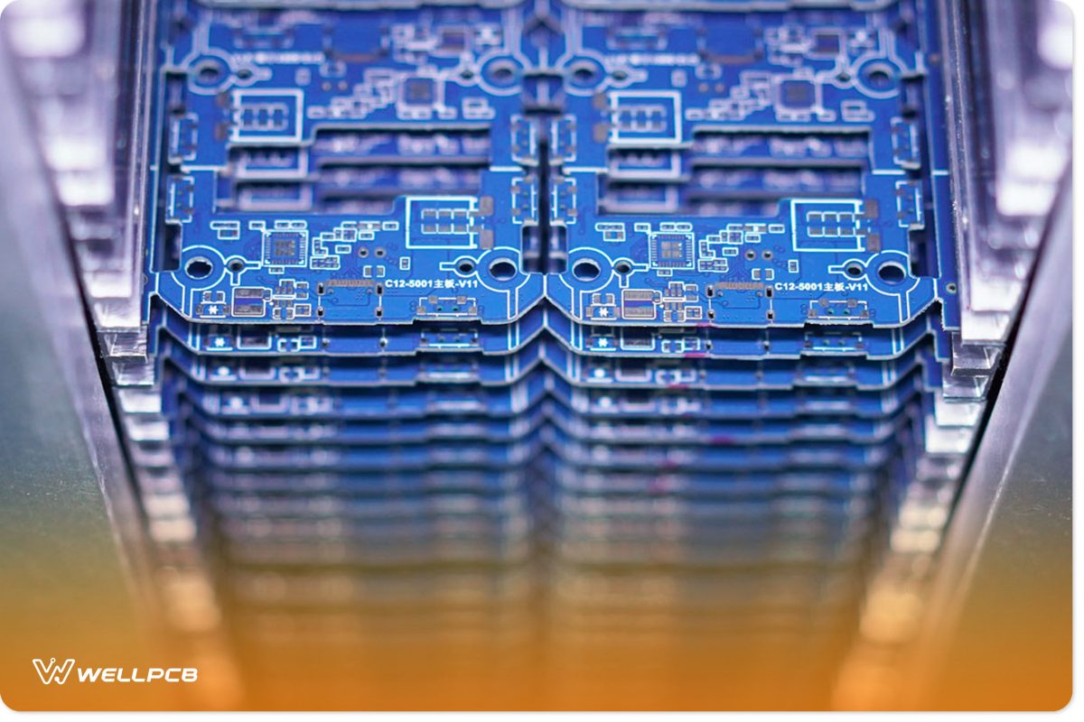 blue electronic PCB boards assembled at an SMT factory and put together in a rack