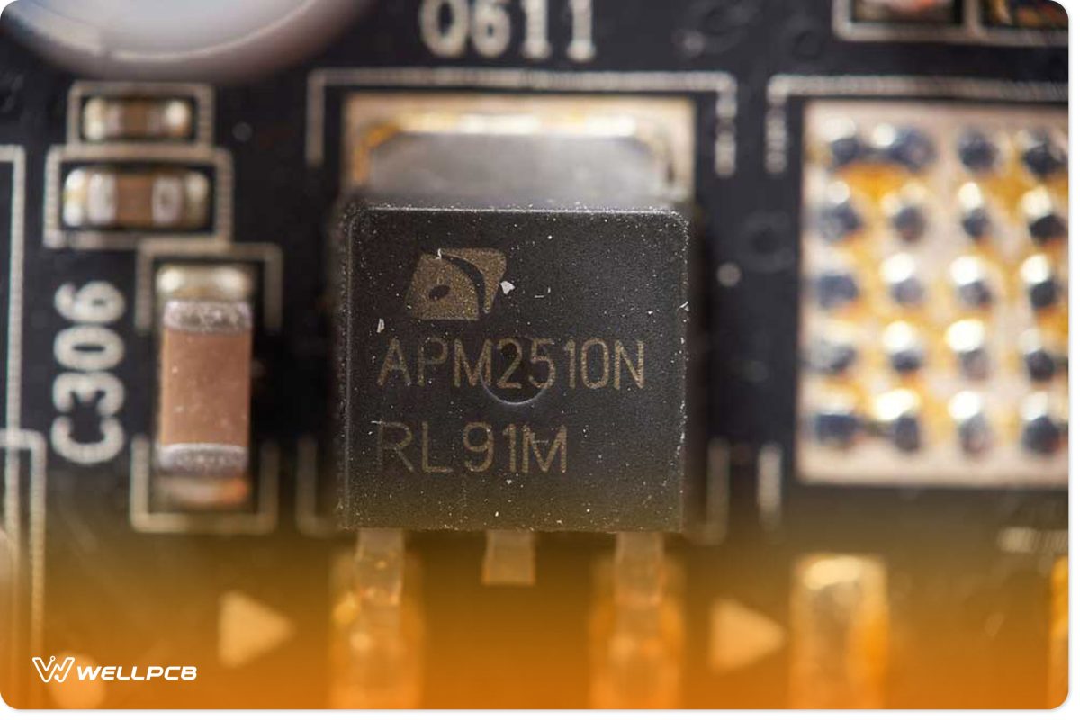 up-close picture of an APM2510N MOSFET on graphics card